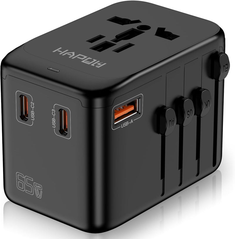 HAPOW Universal Travel Adapter, GaN 65W International Power Adapter, 3 USB-C & 1 USB-A Fast Charging Travel Charger, All in One Worldwide Travel Plug Adapter, Outlet Adapter for Europe UK USA AU - Image 1